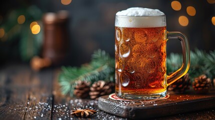 Poster -  a mug of beer sitting on top of a wooden table next to pine cones and a pine cone on top of a wooden board with pine cones and cones in the background.