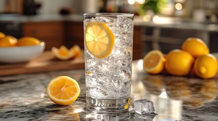 Poster -  a close up of a glass of water with ice and lemons on a table with a bowl of oranges and a bowl of lemons in the background.