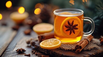 Sticker -  a cup of hot tea with cinnamon and anise on a wooden table next to some cinnamons and anise on a piece of wood with lights in the background.