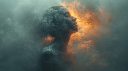 Wall Mural -  a woman's face is covered in smoke as she stands in the middle of a dark, foggy, and smoggy, light - filled area.