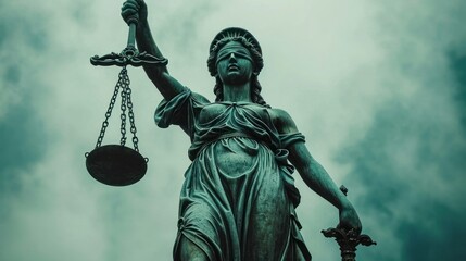 Poster -  a statue of a lady justice holding a scale of justice in front of a cloudy sky with a scale of justice on one arm and a sword in the other hand.