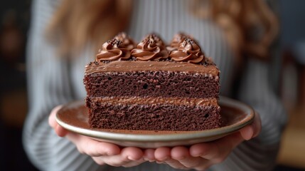 Sticker -  a close up of a person holding a plate with a piece of cake on it and a piece of chocolate cake on top of the plate with chocolate frosting.