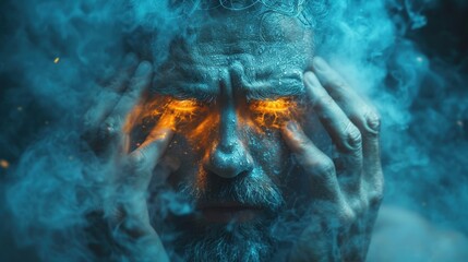 Wall Mural -  a man covered in blue smoke holding his hands to his face with his face painted orange and eyes glowing in front of his face is a blue cloud of smoke.