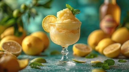 Sticker -  a close up of a dessert in a glass on a table with lemons and mint on the table and a bottle of lemonade in the background with lemons on the table.