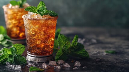 Poster -  two glasses of ice tea with mint sprigs on a dark surface with a green leafy garnish on the rim of the top of the glass.