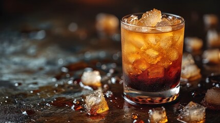 Wall Mural -  a glass filled with ice sitting on top of a table next to a pile of ice cubes on top of a wooden table next to a pile of ice cubes.