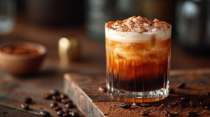 Wall Mural -  a glass of iced coffee sitting on top of a wooden table next to a bowl of coffee beans and a wooden cutting board with a knife and a bowl of coffee beans.