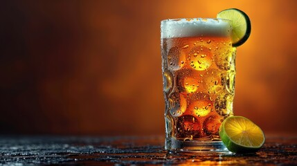 Wall Mural -  a close up of a glass of beer with a lime and a slice of lime on the rim of the glass, on a reflective surface with a dark background.