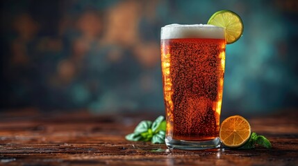 Wall Mural -  a tall glass of beer with a slice of lime and a lime on the rim of the glass, on a wooden table with basil leaves and a blue background.