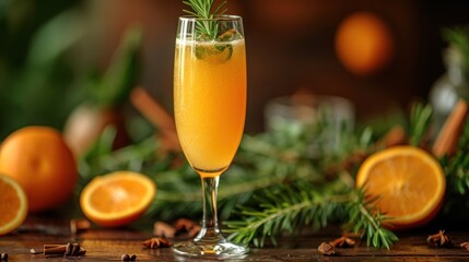 Wall Mural -  a glass of orange juice with a sprig of rosemary on top of it next to sliced oranges and cinnamons on a wooden table with greenery.