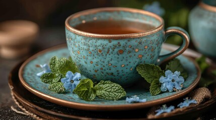 Sticker -  a cup of tea sits on a saucer next to a plate with a blue flower on it and a green leaf on the side of the cup is surrounded by blue flowers.