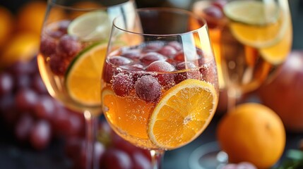 Sticker -  a close up of two glasses of wine with fruit on the side of the glasses and on the side of the glass are oranges, raspberries, lemons, and grapefruits.