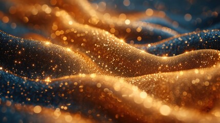 Wall Mural -  a close up view of a gold and blue fabric with a blurry image of a wave of gold sparkles on the top of the fabric and bottom of the image.