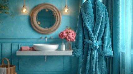 Poster -  a bathroom with a blue wall and a white sink and a blue robe hanging on the wall next to a mirror and a white sink with a pink flower in it.