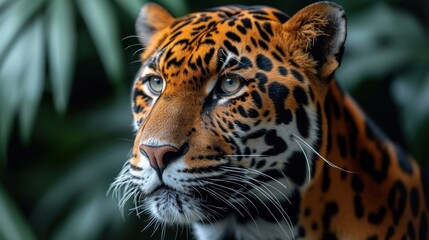 Canvas Print -  a close up of a tiger's face in front of a green leafy background with a blurry focus on the face of the tiger's head.