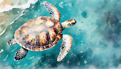 Top view of a stilazed sea turtle in the ocean, watercolor art style, copy space on a side