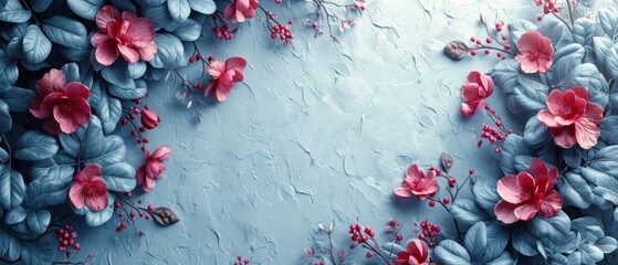 Wall Mural -  a painting of pink flowers and leaves on a blue background with a place for a name on the bottom right corner of the image and the bottom left corner of the image.