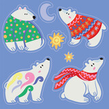 Fototapeta  - Dressed polar bears in festive scarves and sweaters, sticker set