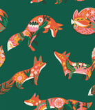 Fototapeta Dinusie - Seamless pattern with sweet red foxes and flowers in folk style 