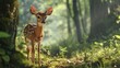  a small deer standing in the middle of a forest with lots of trees and grass on both sides of it's face and it's face, looking at the camera.