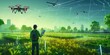 © PNG City - Futuristic technology trend in smart farm agriculture concept. Farmer use ai drone to monitor prediction forecast check the health of plant field