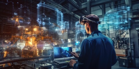 smart industry 4.0 futuristic technology concept, engineer use artificial intelligence combine augmented mixed virtual reality display, digital twin with 5g to control robot arm in smart factory