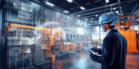 smart industry 4.0 futuristic technology concept, engineer use artificial intelligence combine augmented mixed virtual reality display, digital twin with 5g to control robot arm in smart factory
