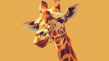  a close up of a giraffe's face on a yellow background with a brown spot in the middle of the giraffe's neck and the middle of the giraffe's head.