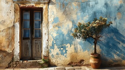 Sticker -  a potted plant sitting in front of a blue and yellow wall with a window on the right side of the wall and a door on the left side of the wall.