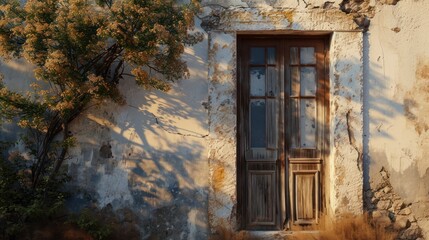 Sticker -  a window on the side of a building with a tree casting a shadow on the wall and a tree casting a shadow on the side of the building and the wall.