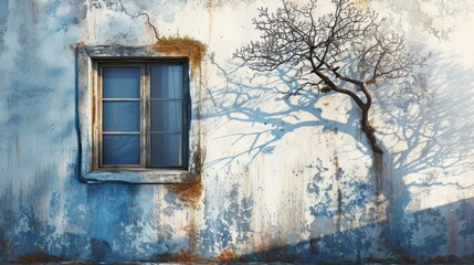 Sticker -  a painting of a tree casting a shadow on the wall of a building with a window and a tree casting a shadow on the wall of a tree on the wall.