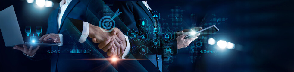 Leinwandbilder - Digital technology, Business and economic growth, Business network connection, Teamwork of target, Deal, Partnership and data exchange, Security of network, Investment analysis, plan and strategy