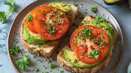 Poster - Healthy looking avocado and tomato with seeds on plate, Sandwich, Angle from above. Generative AI.