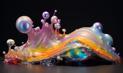 Layers of oil in the light reveal globs of sticky, glistening liquid slime dripping with intense iridescent opal pearls in the style of rainbow liquid . Generative Ai