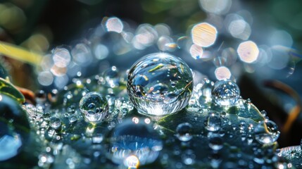 Wall Mural - a drop of water sitting on top of a green leaf covered in drops of water on top of a green leaf cove
