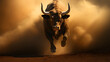 Charging bull running furiously with dust blowing behind it