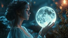 Moonlit Enchantment: Girl With The Moon. Earth Day Or Environment Protection