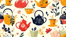  A Pattern Of Teapots And Teacups With Leaves And Flowers On A White Background With Red, Yellow, Blue, And Green Leaves And Orange Colors.
