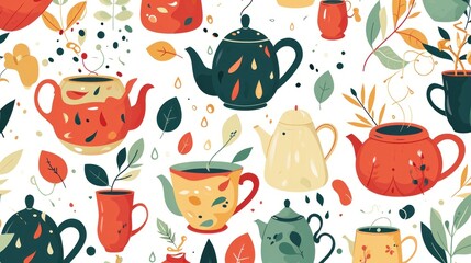 Poster -  a variety of teapots and cups on a white background, with leaves and sprigs on the sides of the teapots and on the sides of the cups.