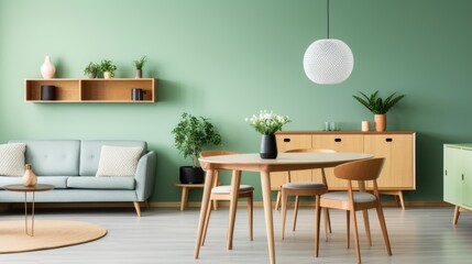 Mint color chairs at round wooden dining table in room with sofa and cabinet near green wall