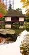 Japan garden house with a pond in front in 