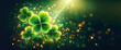 Banner St. Patrick's Day abstract dark background decorated with green and golden shamrock leaves. Saint Patrick's Day party celebrating. Horizontal illustration.