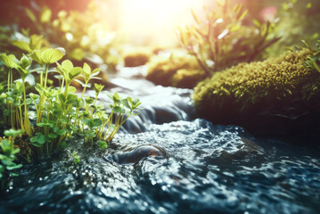 gentle light spring illuminates slowly flowing stream, and scenery spring where young grasses and sp