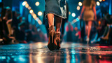 Fototapeta  - Low angle view of a model walking on a catwalk or runway. Shallow field of view.
