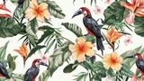 Fototapeta  -  a group of birds sitting on top of a lush green leaf covered tree next to orange and pink flowers on a white wallpaper covered with tropical leaves and flowers.