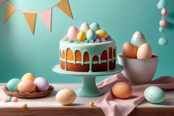 Sticker - Homemade cake with frosting and colored sugar eggs for Easter.