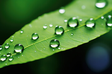  water drops on green leaf. Generative Ai