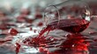  a glass of red wine is being poured into a wine glass with a red liquid splashing out of it on a surface of water that appears to the floor.