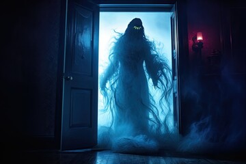 Wall Mural - Silhouette of horror ghost inside dark room with fog and light