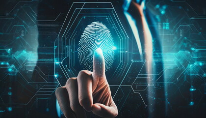 Canvas Print - Future technology and cybernetics, fingerprint scanning biometric authentication, cybersecurity and fingerprint password